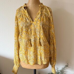 Anthropologie sz XS cotton Yellow Floral Women's Top ruched cuffs great cond